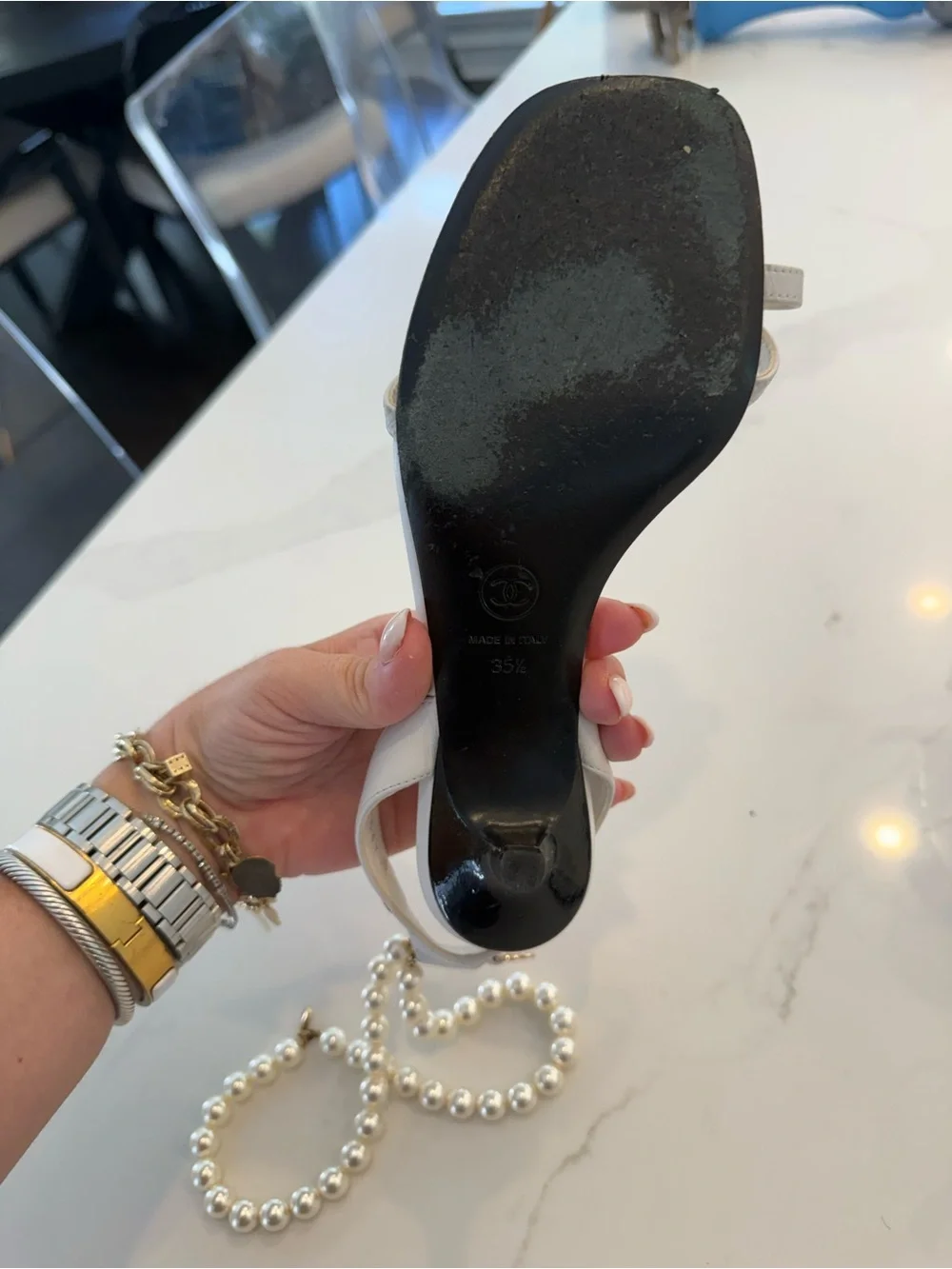 CHANEL White Leather Double-Strap Ankle Sandals with Pearl Chain